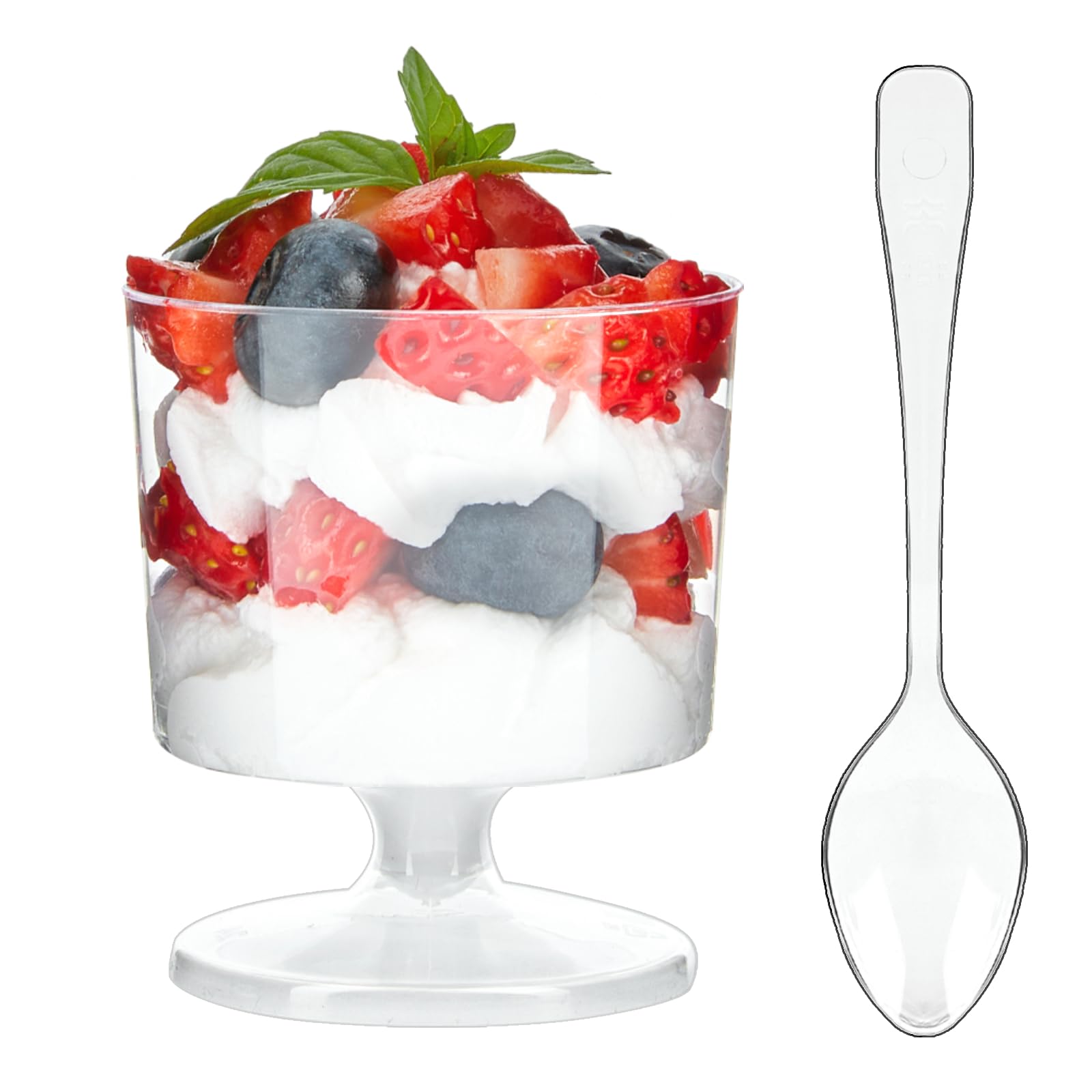 Photo 1 of Mini Zezzxu 2 oz Mini Dessert Cups with Spoons, 100 Pack Disposable Appetizer Cup Mousse Cups Small Plastic Wine Glasses for Serving Individual Pudding Shots, Cocktail, Trifle