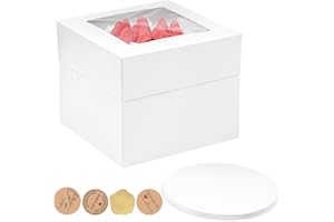 MonYouGe 8x8x8 Inches Cake Boxes with Cake Boards, 3 Pack Premium Tall Cake Boxes with Display Window for Christmas, Birthday