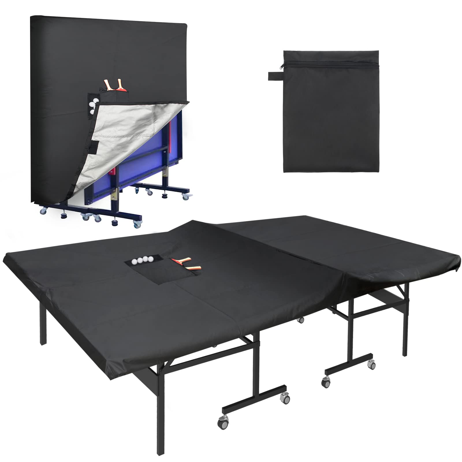 Photo 1 of Outdoor Ping Pong Table Cover Waterproof, Luxiv 420D Oxford Cloth Black Tennis Table Cover with 2 Pockets for DeskTennis Balls and Rackets, Dust Covering for Folding & Flat Pingpong Desk