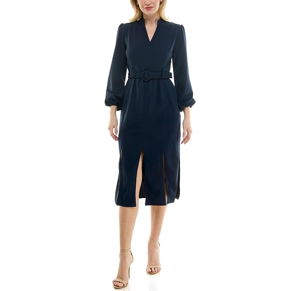 MAISON TARA WOMEN’S LONG SLEEVE V-NECK BELTED CAR WASH HEM SHEATH DRESS, NAVY