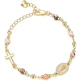 Women's Gold Virgin Mary Bracelet - 14K Gold Plated Religious Cross Bracelet,Dainty Golden Non Tarnish Virgen De Guadalupe Natural Stone Beaded Jewelry,Catholic Faith Baptism Confirmation Gift for Her