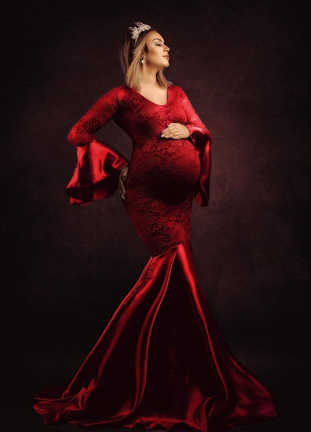 ZIUMUDY Maternity Lace Fitted Gown Long Sleeve Maxi Mermaid Photography Dress Baby Shower Photo Shoot at  Women’s Clothing store