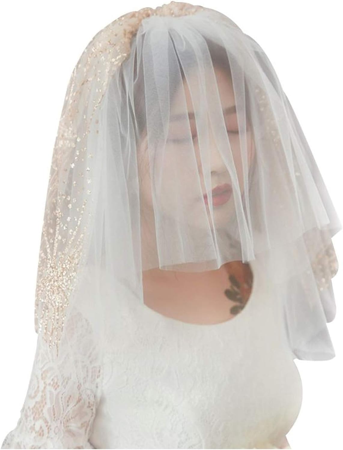 Tulle Wedding Dress White Veils Fluffy Multi Layer Golden Powder