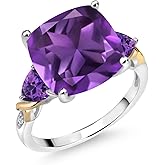 Gem Stone King 7.21 Cttw Purple Amethyst and Diamond Ring For Women | 925 Silver and 10K Yellow Gold | 12MM Cushion and 5MM Trillion | Gemstone Birthstone