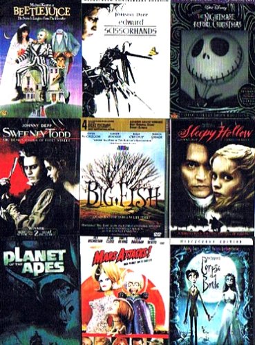 Tim Burton's Best (9-Pack): The Nightmare Before Christmas (2-DVD + Digital Copy, 1993) / Sweeney Todd - The Demon Barber of Fleet Street (2007) / Big Fish (2004) / Beetlejuice (1988) / Sleepy Hollow (1999) / Edward Scissorhands (1990) / Mars Attacks! (1996) / Planet of the Apes (2-DVD, 2001) / Tim Burton's Corpse Bride (2005) (Total 15 hrs 25 min)