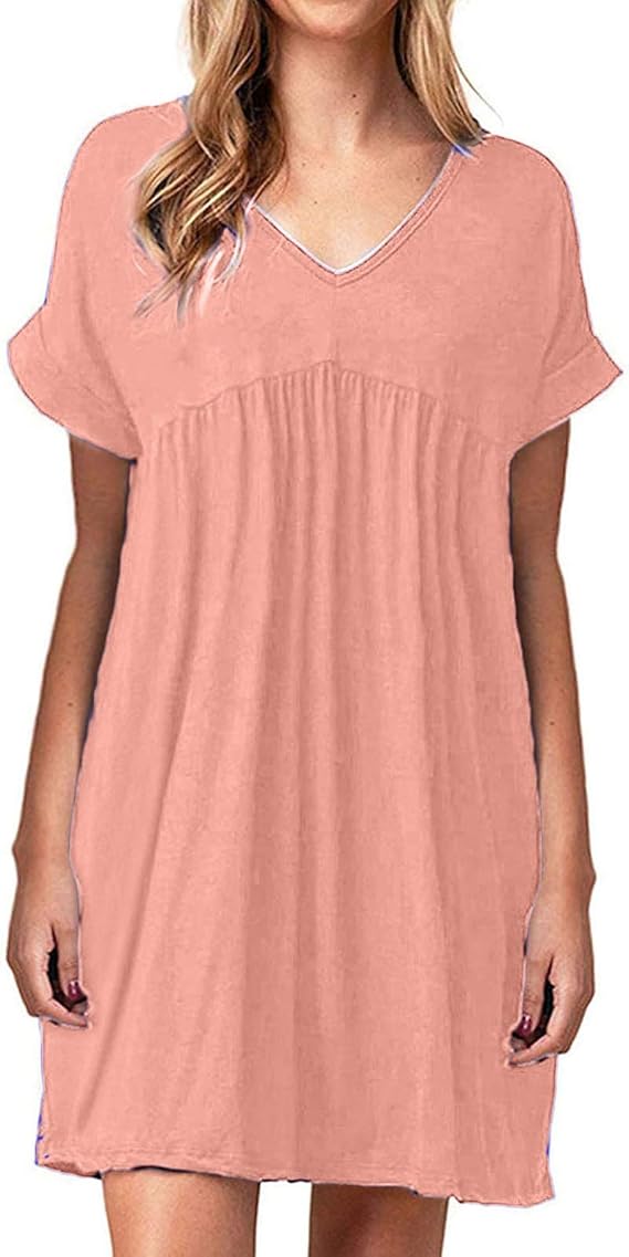 Amazon Co Jp レディース ワンピース 春夏 きれいめ ドレス 半袖 Aライン ミニワンピース 半袖 ゆったり 春夏 ワンピース チュニック 無地 ナチュラル 部屋着ワンピース 森ガール 体型カバー 着痩せ カジュアル 大人 通勤 普段着 服 ファッション小物