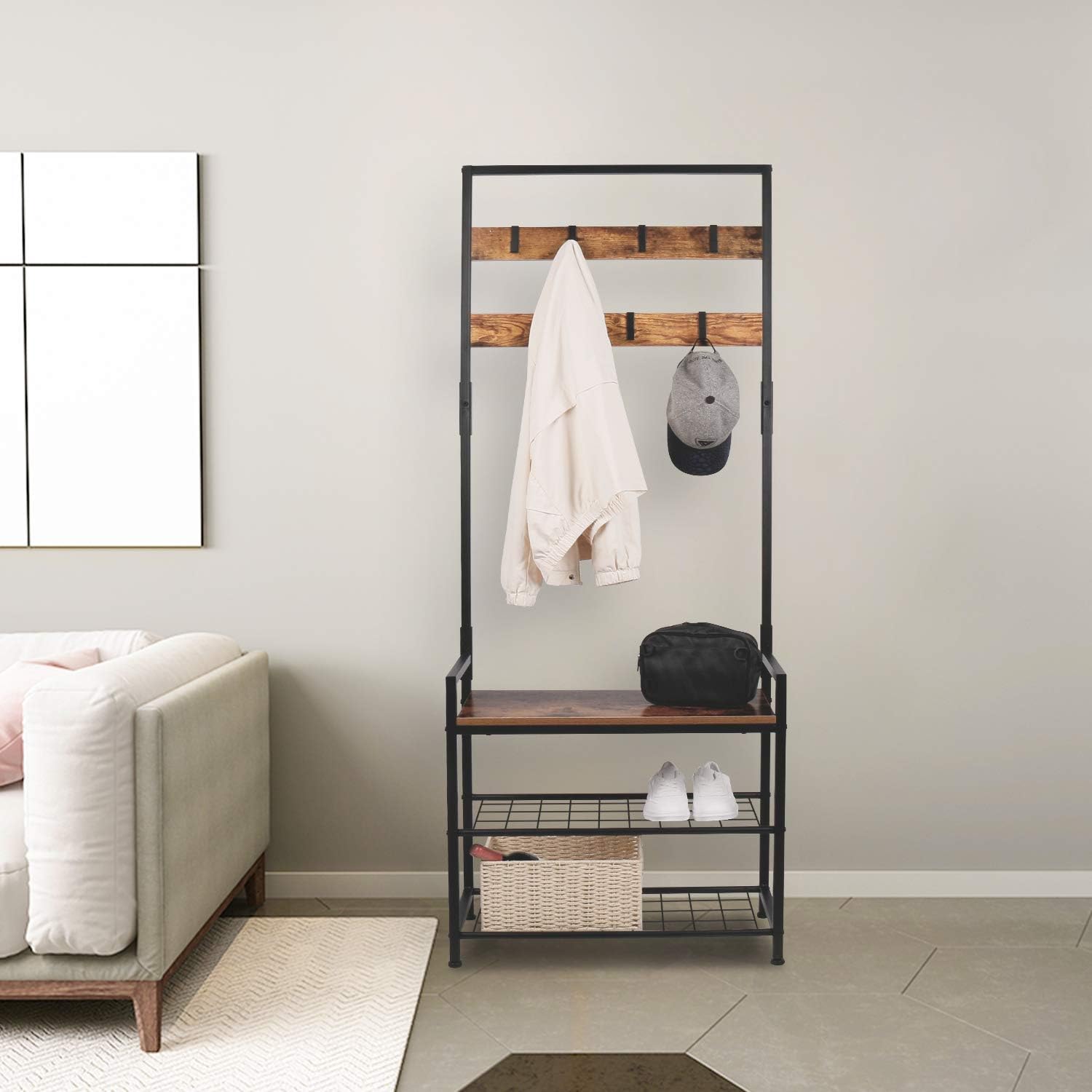 HOMEKOKO Coat Rack Shoe Bench, Hall Tree Entryway Storage Bench, Wood Look Accent Furniture with Metal Frame, 3-in-1 Design (Rustic Brown): Home & Kitchen