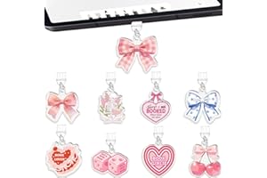 PRESSINART 9Pcs 9 Styles Pink Dust Plug Charm for Phone, Cute Dust Plug Type C Bow Heart Cake Dice Cherry Pattern Charger Por