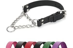 LOIIHEII Martingale Collar for Dogs No-Pull Adjustable Training Collar with Stainless Steel Chain - Genuine Leather Anti-Slip Design for Small,Medium,Large Breed Dogs - Black (L)
