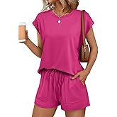 AUTOMET Womens Crew Neck Two Piece Short Sets Cap Sleeve Drawstring Summer Sweatsuit with Pocket