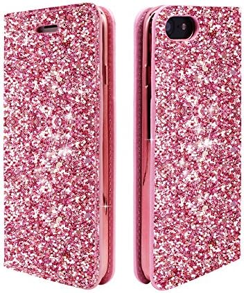 iPhone 6s Case Wallet Glitter, ClarksZone Sequins Wallet Case with [Card Slots] [Stand Feature] Protective PU Leather Cover + Plating TPU Soft Universal Flip Case for iPhone 8/7/6S/6 - Pink