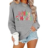 FUNMETA Womens Christmas Sweater Long Sleeve Crewneck Shirt Holiday Outfits Merry Xmas Sweatshirts S-XXL
