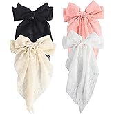HLTOO 4PCS Chiffon Large Ribbon Hair Bows, Oversized Long-tail Hair Clips, Cute Hair Barrettes, for Women and Girls Hair Styling Accessories, Black, White, Beige, Light Pink