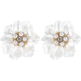 JIEYAO White Pearl Flower Stud Earrings for Women, Boho Floral Pearls Crystal Zirconia Studs Party Birthday Jewelry Gifts