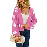 chouyatou Women's Fuzzy Daisy Printed Cropped Cardigan Open Front Jacquard Knit Sweater Tops