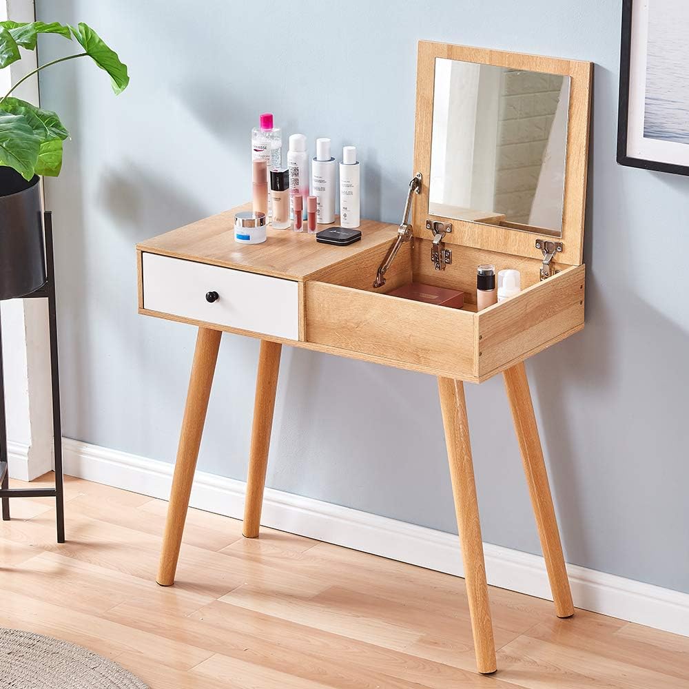 Walnut Vanity Table with Flip Top Mirror, 2-in-1 Makeup Dressing Table/Writing Table with 2 Drawers for Bedroom