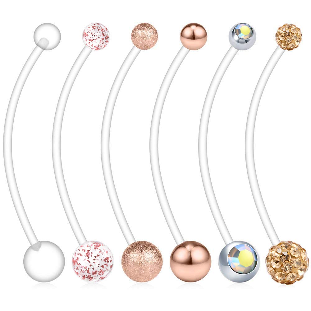 AceFun 6PCS Mix Style Pregnancy Sport Maternity Flexible Belly Navel Button Ring Retainer 14G 38mm -Rose Gold Set