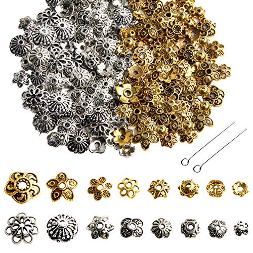 Jewelry Making Metal Bead Caps - 160 Pcs Bali Style Mixed Tibetan Silver Gold Bead Caps Spacers Flower Jewelry Findings Accessories for Bracelet Necklace Jewelry Making