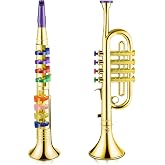 Amylove Set of 2 Toy Trumpet and Clarinet for Kids Toddlers Plastic Instruments Fake Music Toy Portable Early Educational Toys Teaching Songs Musical Gifts(Gold)