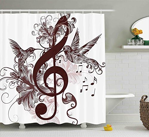 Music Decor Shower Curtain by, Cute Floral Design with Treble Clef and Singing Flying Birds Sparrows Artwork, Fabric Bathroom Decor Set with Hooks, 84 Inches Extra Long, Red Brown
