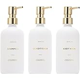 HOMCDALY Shampoo and Conditioner Dispenser, 21oz 3-Pack Refillable Pump Bottles, Shampoo Container, Empty Pump Bottle, Bathroom Shower Dispenser(21oz-White&Gold)