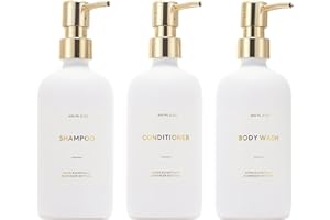 HOMCDALY Shampoo and Conditioner Dispenser, 21oz 3-Pack Refillable Pump Bottles, Shampoo Container, Empty Pump Bottle, Bathroom Shower Dispenser（21oz-White&Gold）
