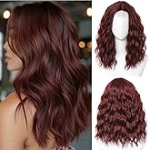Aguacor Burgundy Red 18 Inch Middle Part Wavy Wigs for Women Medium Length Synthetic Hair Soft Curly Wigs for Daily Use