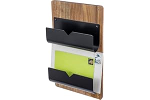 MyGift 2-Tier Wall Mounted Mail Holder, Matte Black Metal and Premium Acacia Wood Backboard Mail and Letter Organizer