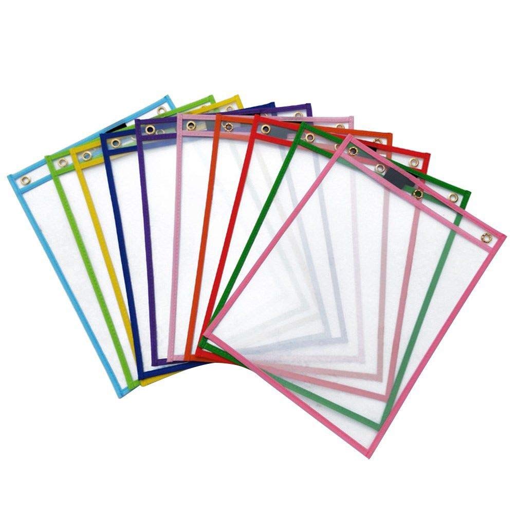 Monland 10Pcs Reusable Dry Erase Pockets, Assorted Colors for Children Kids Students
