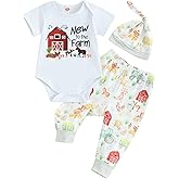 Karuedoo Newborn Baby Boy Farm Outfit Letter Print Romper Animal/Tractor Print Long Pants with Hat 3Pcs Country Outfits Set