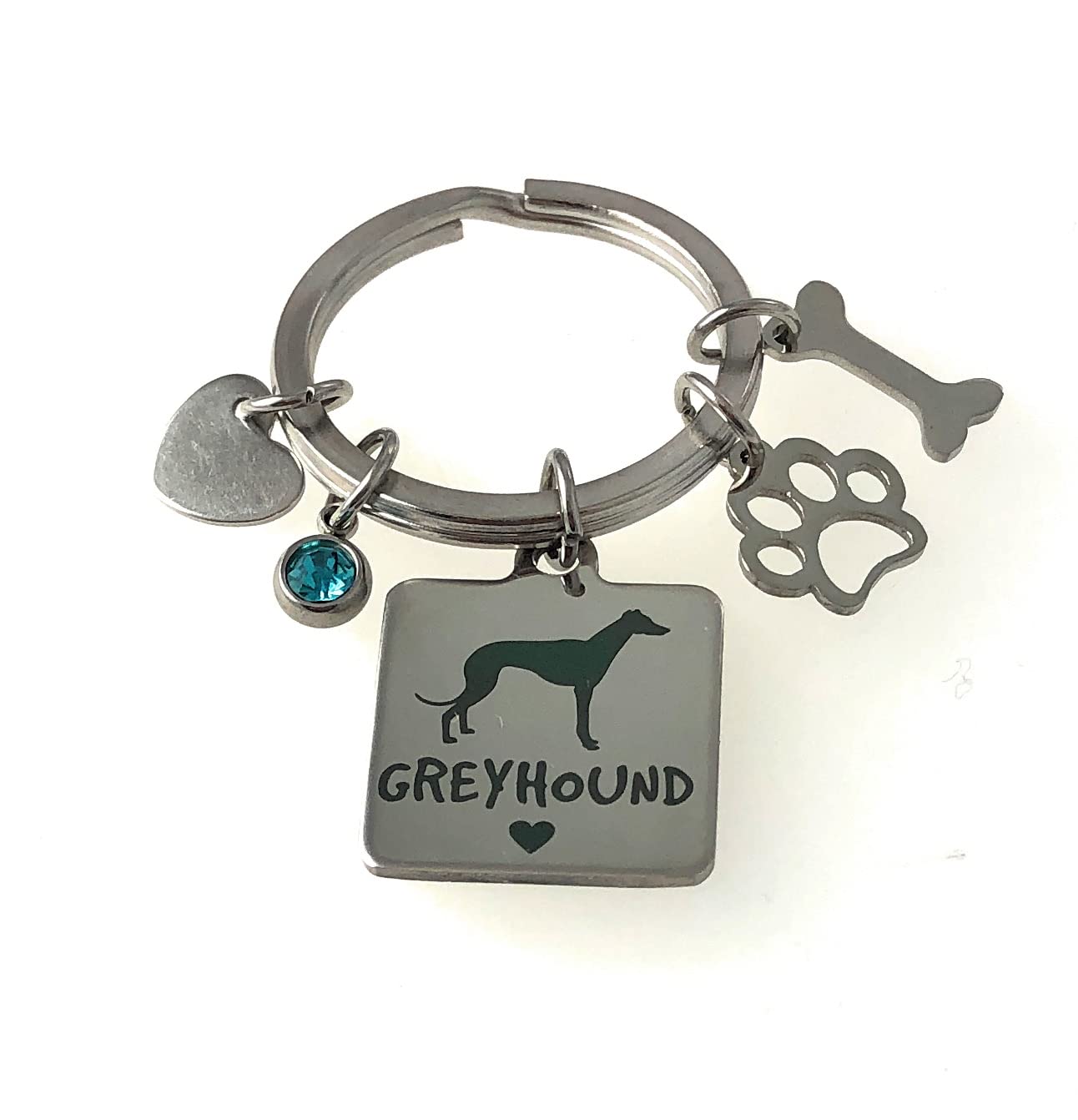 FizzyButton Gifts Greyhound Puppy Dog Keyring Key Ring with Turquoise Rhinestone and Stainless Steel Bone, Paw and Heart Charms