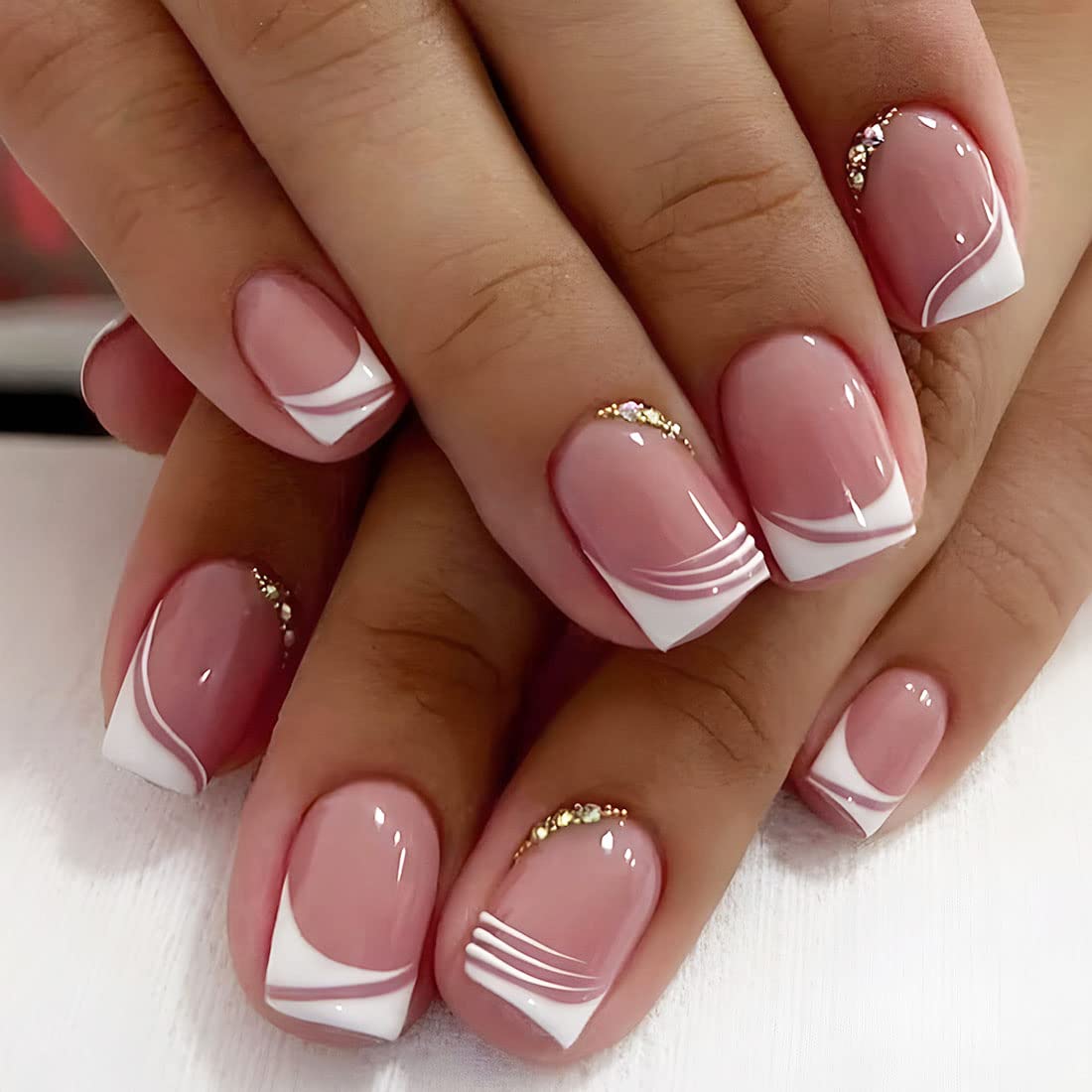 24 PCS Medium Length False Nails - Simple Line Pink With White Ripple Design, Rhinestone Accents, Full Cover for Daily Wear - Decorative Nail Art for Women and Girls — image 1
