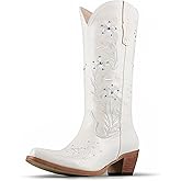 Agodor Cowboy Boots For Women Pearl Cowgirl Ladies Knee High Boots with Classic Embroidery Pointed Toe Chunky Heel Pull On Fashion Dress Pearl Wedding Western Booties