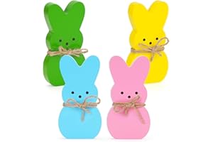 Wooden Bunny Table Decorations, 4 Pcs Easter Spring Signs with Wood Rabbit for Home Mantel Tiered Tray, Farmhouse Office Part