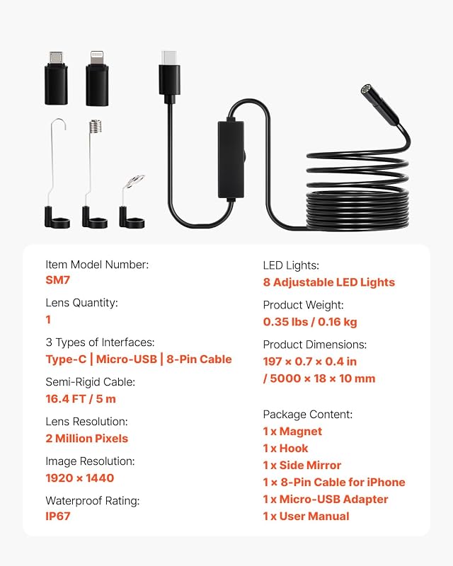 Caméra Endoscopique avec Câble Semi-Rigide 5 m, Endoscope HD 1920p pour Android et iOS, avec 8 Lumières LED Réglables, Zoom, Étanche IP67, Caméra Serpent d'Inspection pour Automobile, Plomberie