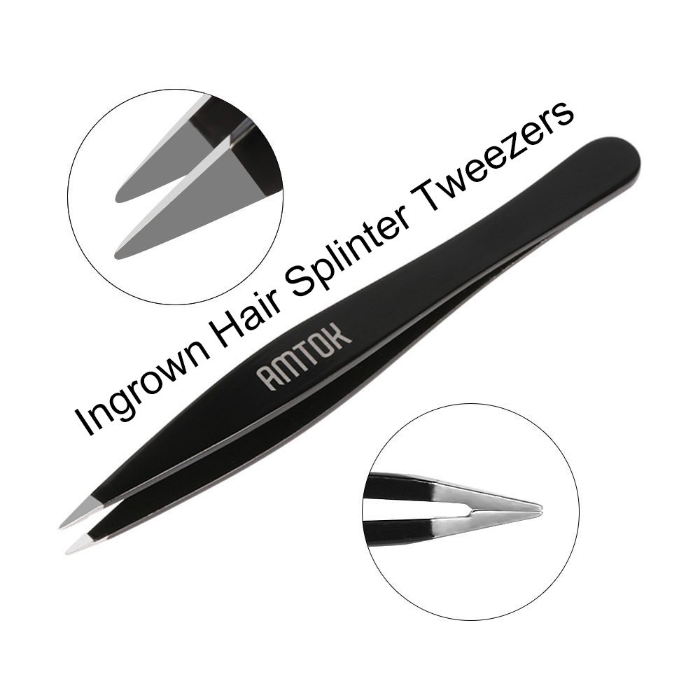 AMTOK Eyebrows Tweezers Kit Professional Plucking Tools Kit Stainless Steel,Flat,Slant and Pointed Tip Tweezers (Black)