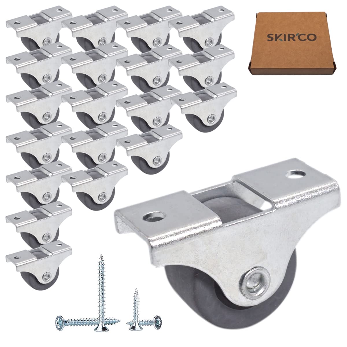 SKIR'CO (Pack of 20 pcs) Small 25 mm Furniture Castors, Rubber Wheels, Fixed Casters, Non-Swivel, One-Way Direction, Screws Included (20)