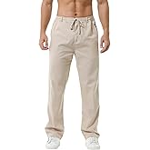 Hoerev Linen Cotton Casual Trousers Pants Drawing String Zipper Closure