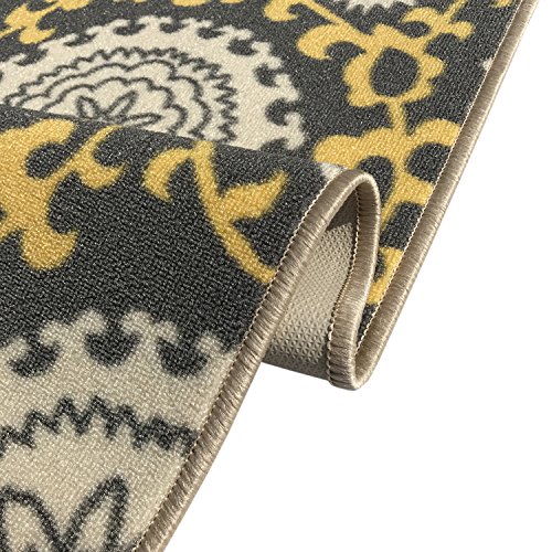 Rubber Backed 3'4" x 5' Floral Medallion Yellow & Grey Area Rug Non-Slip Livingroom Kitchen Bedroom Rug 3X5