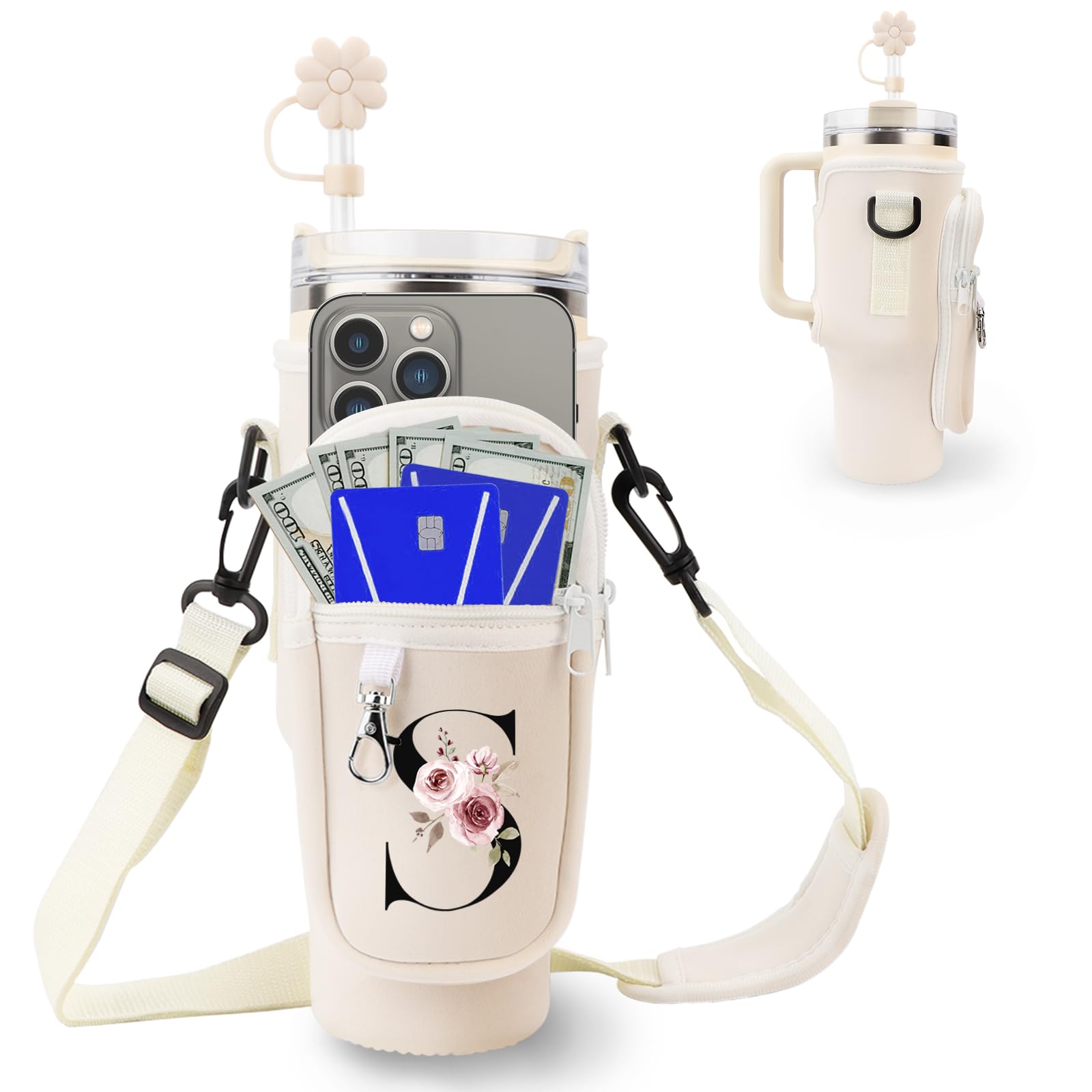 Initial Personalized Water Bottle Bag for Stanley 40oz Tumbler,with Phone Pocket,Neoprene Water Bottle Carrier with Adjustable Strap and Straw Cover & Carabiner,for Stanley Cup Accessories (S)