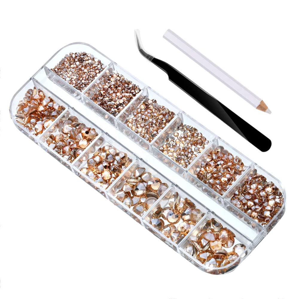 2000 Pcs Flat Back Gems Round Crystal Rhinestones 6 Sizes 1.5-6 mm with Pick Up Tweezer and Rhinestones Picking Pen for Crafts Nail Clothes (Champagne)