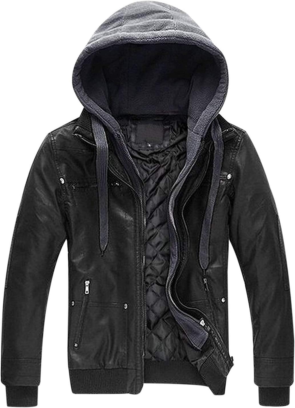 Men's Zip Up Faux Leather Jacket Outerwear with Removable Hood