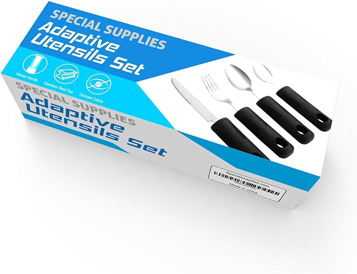 Adaptive Utensils (4-Piece Kitchen Set) Wide, Non-Weighted, Non-Slip Handles for Hand Tremors, Arthritis, Parkinson’s or Elderly use - Stainless Steel Knife, Fork, Spoons - Black: Health & Personal Care