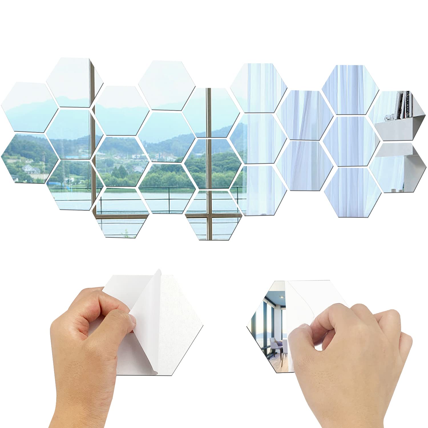 SHUIYUE 24 Pcs Hexagon Acrylic Wall Mirror Sticker, Hexagon Mirror Wall Stickers, For Walls, For Living Room, Bedroom, Home Decoration (Silver)
