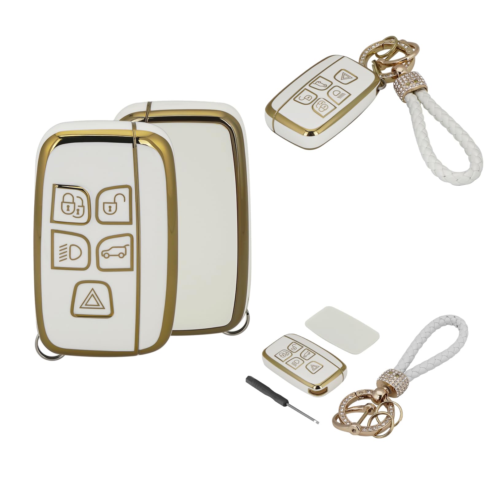 TPU Car Key Fob Case Cover For Range Rover Sport Evoque L-and Rover Discovery 4 Freelander with Keychain Screwdriver(White)