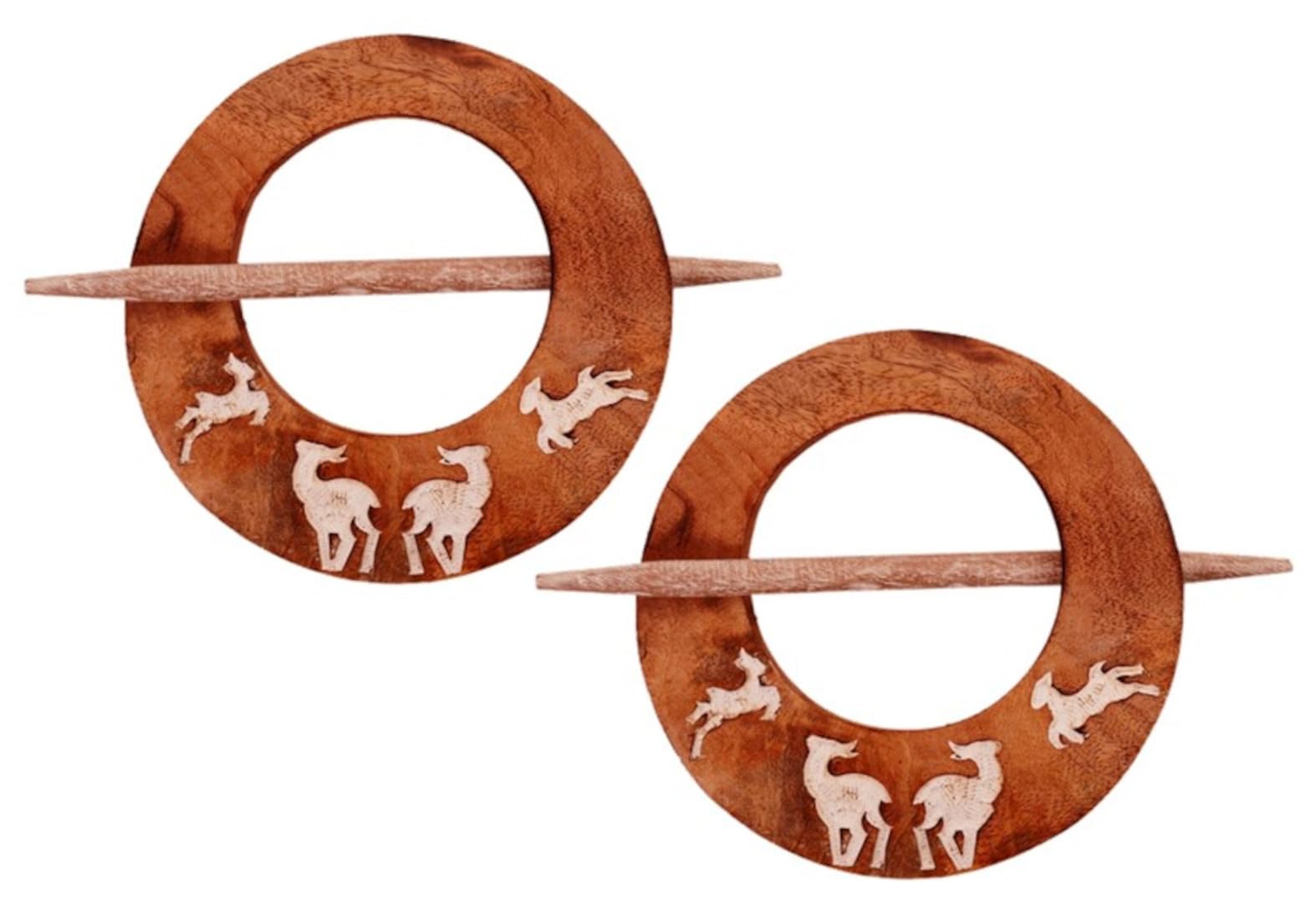 Purpledip Wooden Curtain Holder Tie Back Drape Clips 'Flying Deers': Set Of 2 (11148)