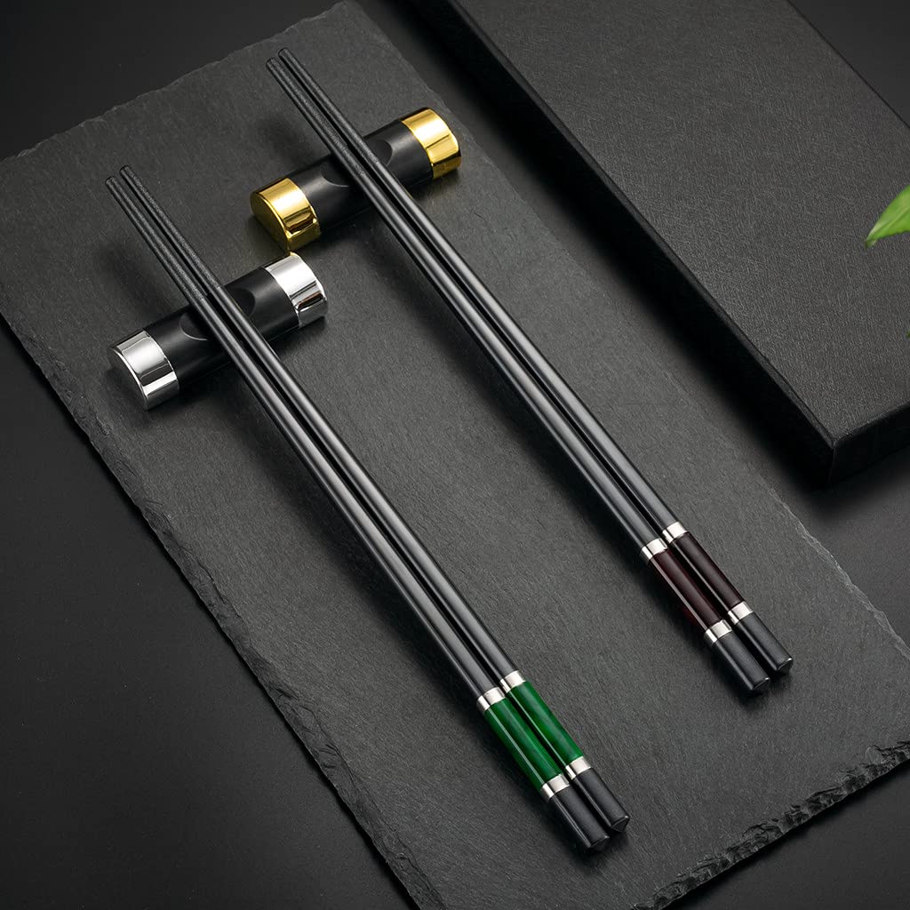 Hongyantech 2 pairs of Black Fibreglass and Stainless Steel Chopsticks + 2 pieces Chopstick Rests in Gift Box, Sushi Chopsticks, Dishwasher Safe
