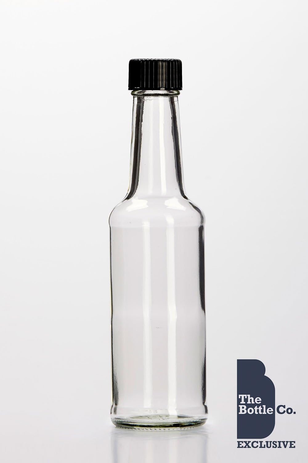 BOTTLE COMPANY 8 X 5OZ/150ML APPROX ROUND GLASS SAUCE,OIL,DRESSING BOTTLE C/W BLACK SCREW CAP