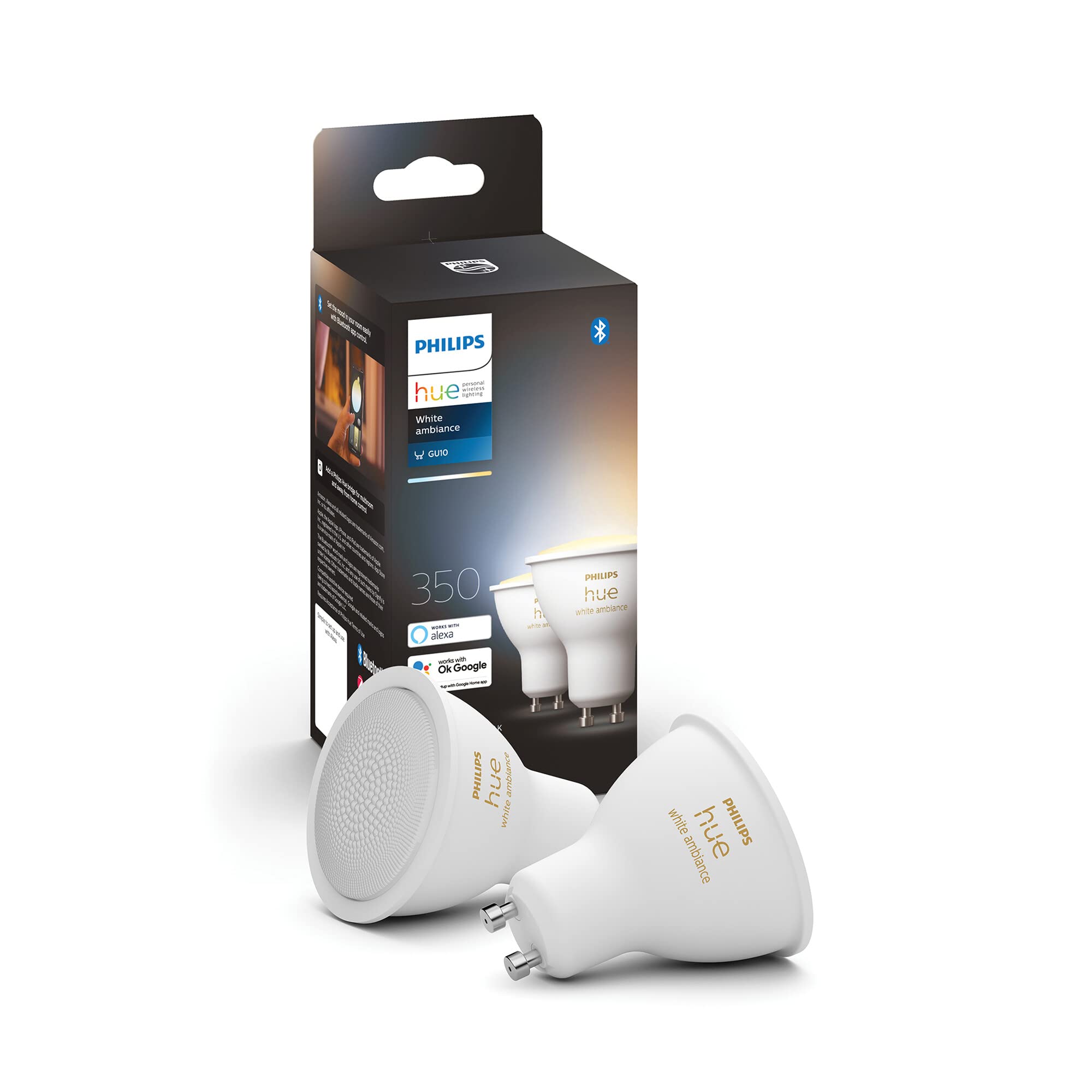Philips Hue White Ambiance Smart SpotLight Twin Pack LED [GU10 Spot] with Bluetooth. Works with Alexa and Google Assistant and Apple HomeKit