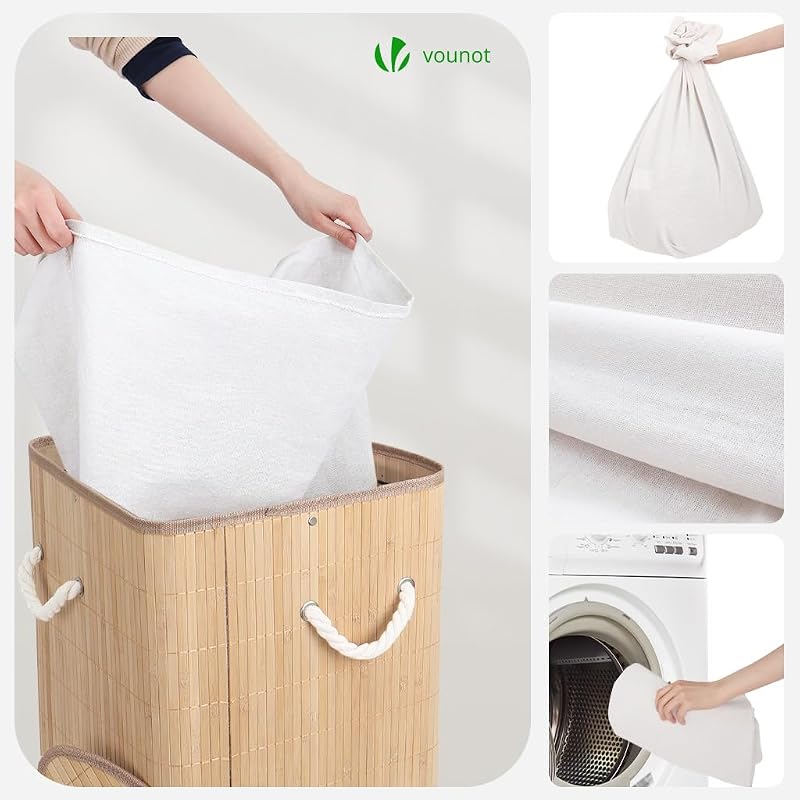 ® Cesto Portabiancheria Angolare in Bambù 58L, Cesto Pieghevole per Panni Sporchi con Coperchio, Manici e 2 Borse Rimovibili, per Bagno, Lavanderia e Camera da Letto, Naturale